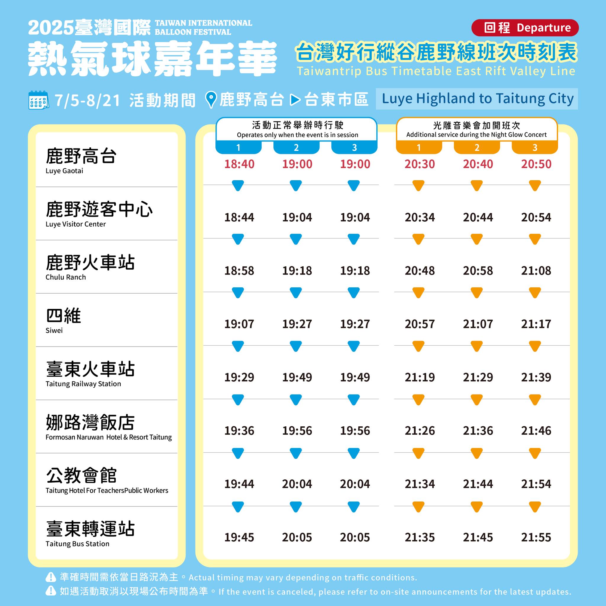 2025台東熱氣球嘉年華：台灣好行回程時刻表